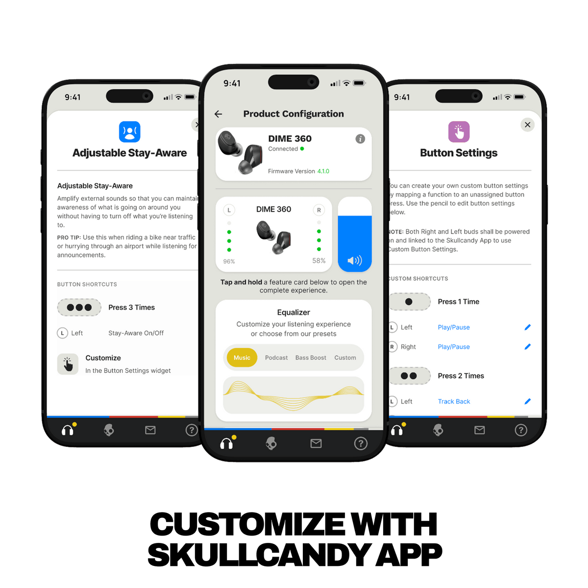 Three smartphone screens displaying different app interfaces on a black background | Skullcandy X Peanuts Lucy