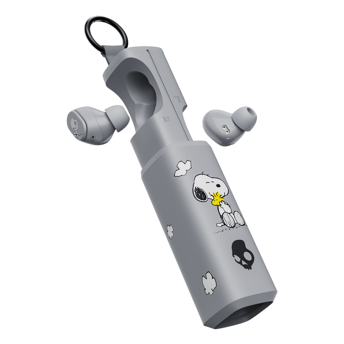 Gray wireless dime 360 earbuds with a matching charging case decorated with Snoopy and Woodstock illustrations, shown on a clean white background. | Skullcandy X Peanuts Woodstock